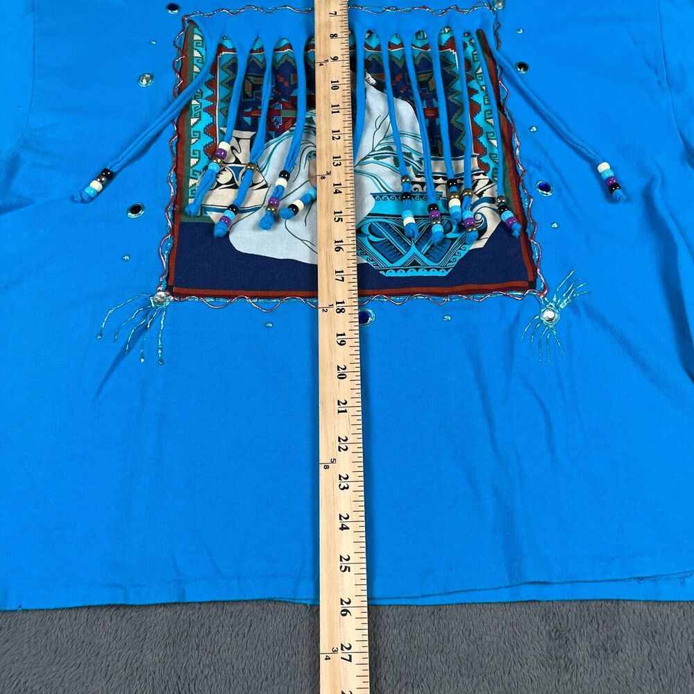 Vintage Native American Hanging Beads T Shirt 90s Blue Size XL Single Stitch - Picture 4 of 5
